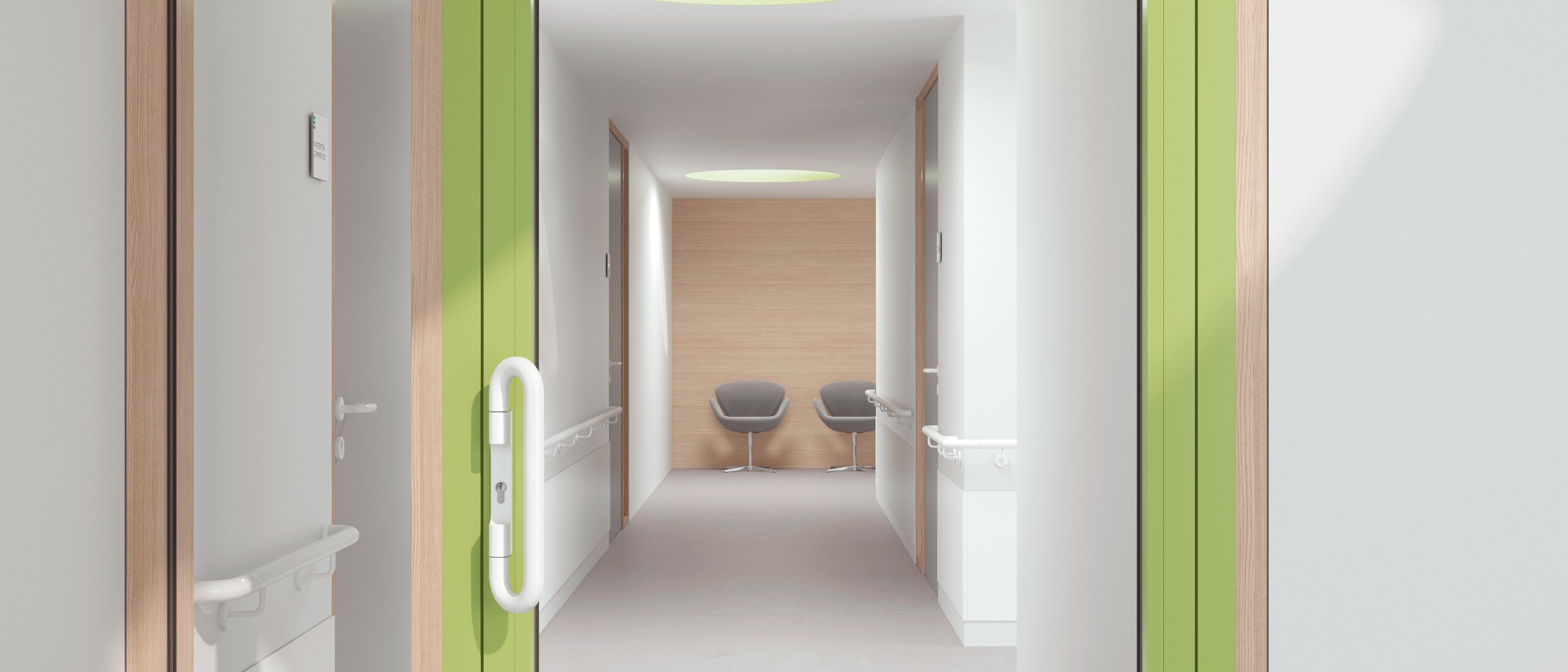 Glazed hospital door with green frame equipped with a lever handle in the colour signal white made of polyamide