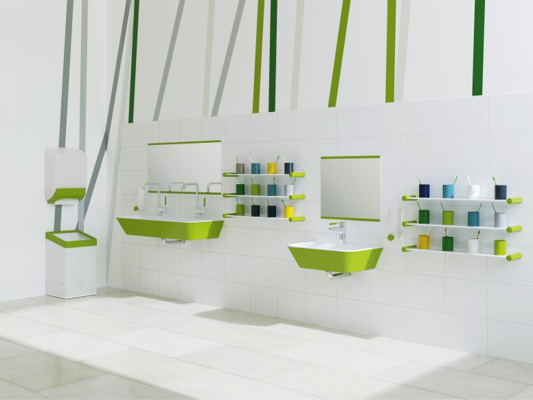 Child-friendly washbasin with green accents; two washbasins at different heights next to colourful toothbrush holders