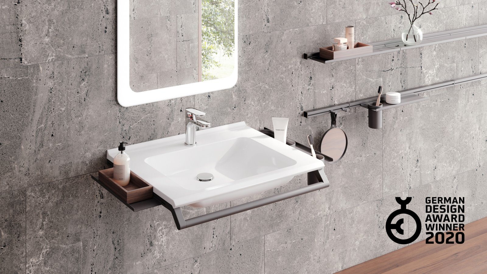 Modular washbasin with grab rail and shelves for bathroom utensils in dark grey matt stainless steel