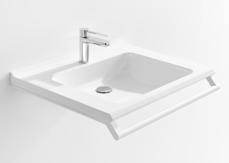 Barrier-free washbasin with grab rail in matt white stainless steel and chrome single-lever tap with white polyamide handle element