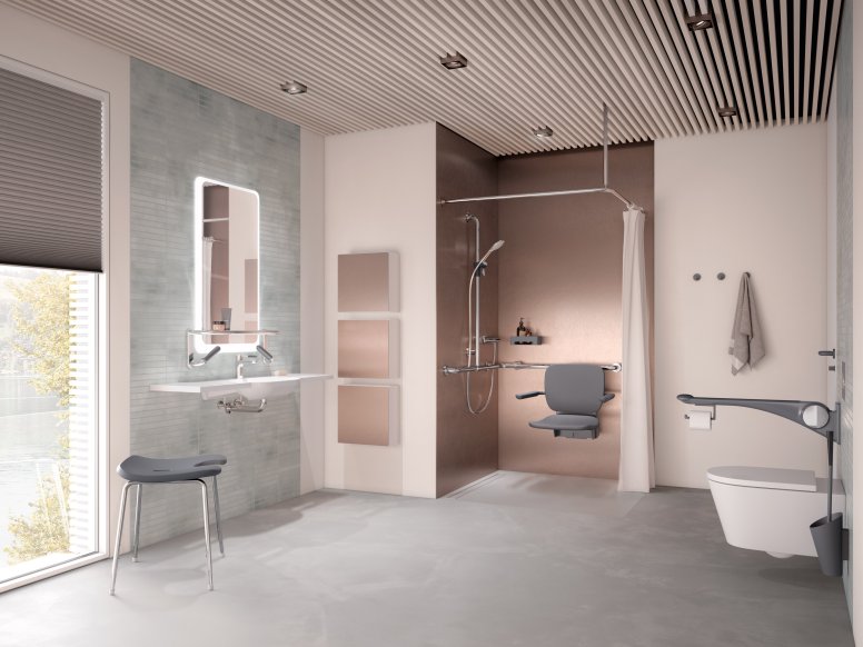 Barrier-free care bathroom with washbasin, shower area and WC